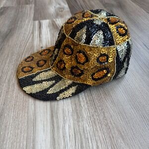 Vintage Sequin Animal Print Baseball Cap Leopard Tiger Gold Black One Size Hat